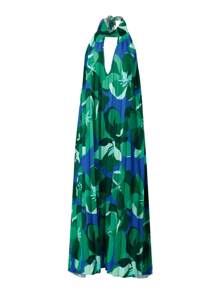 Pleated Print Halter Dress