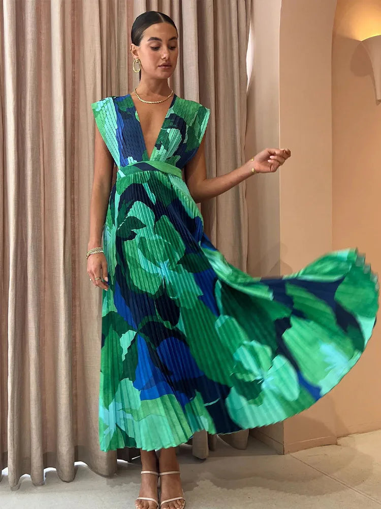 Pleated Print Halter Dress
