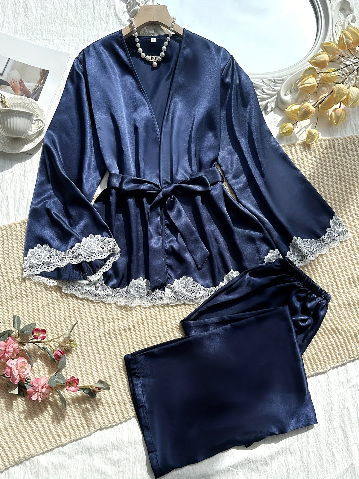 Navy Faux Silk Robe