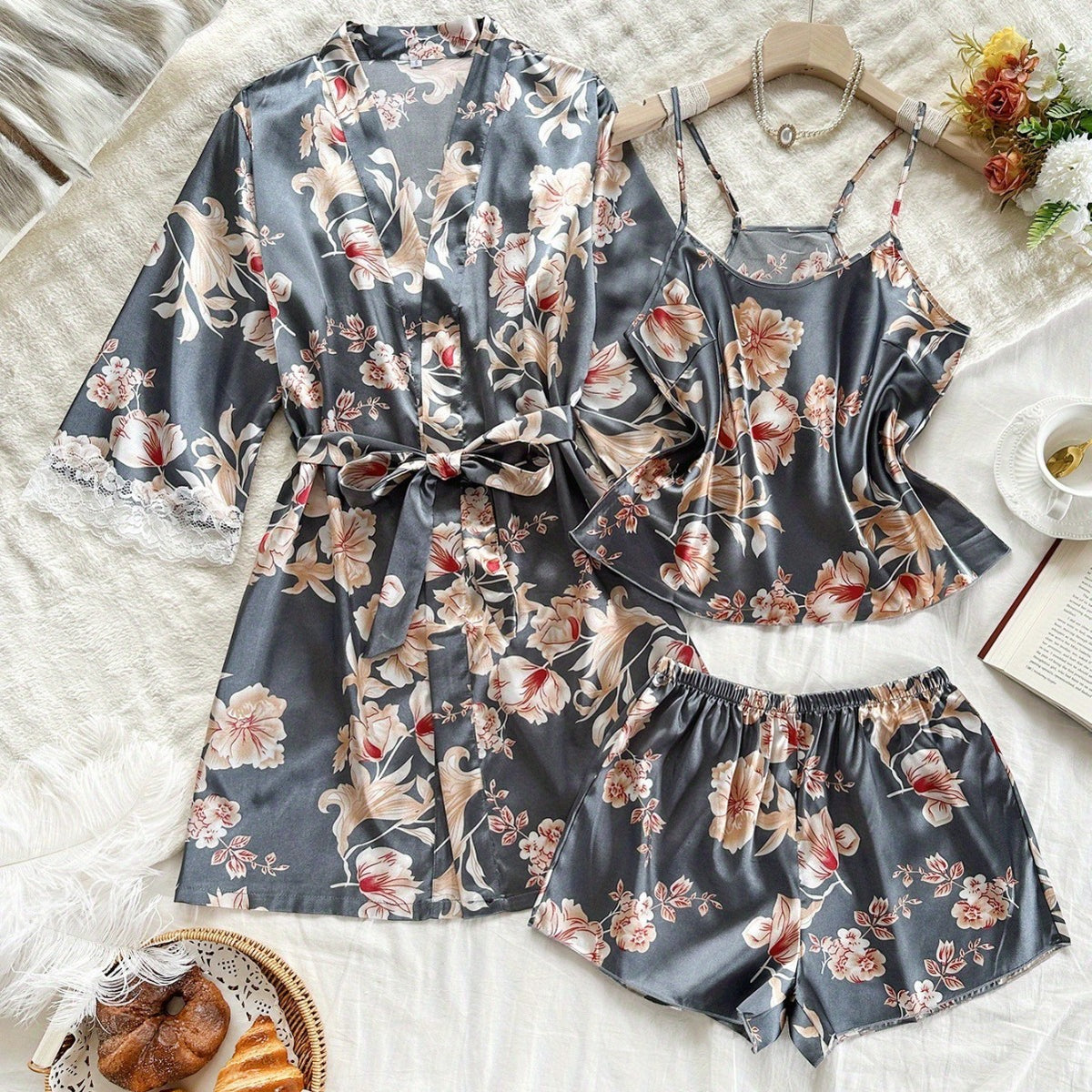 Gray Floral Tie-Up Robe