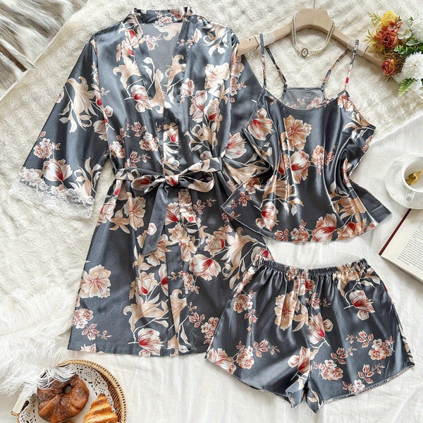 Gray Floral Tie-Up Robe