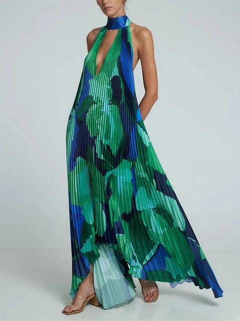 Pleated Print Halter Dress