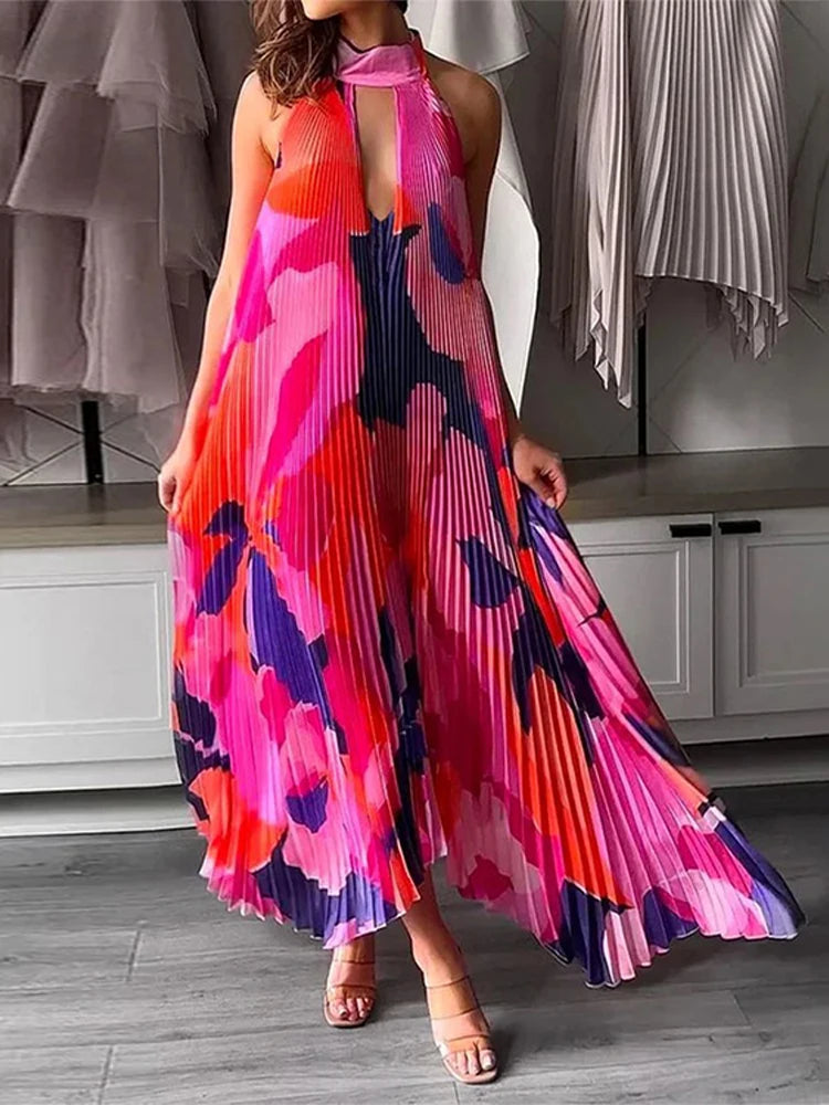 Pleated Print Halter Dress