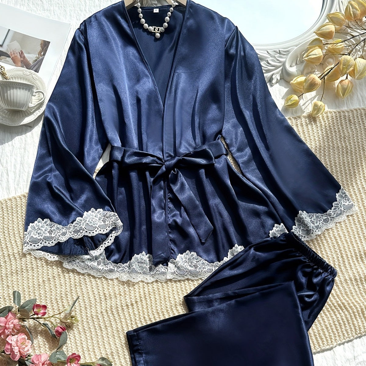 Navy Faux Silk Robe