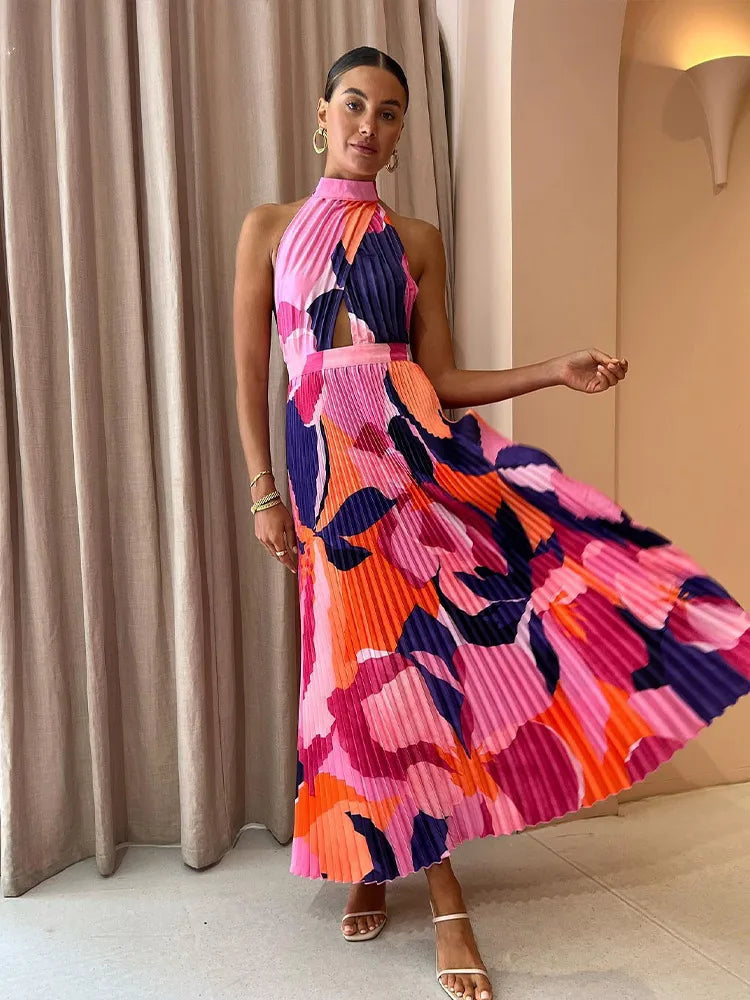 Pleated Print Halter Dress