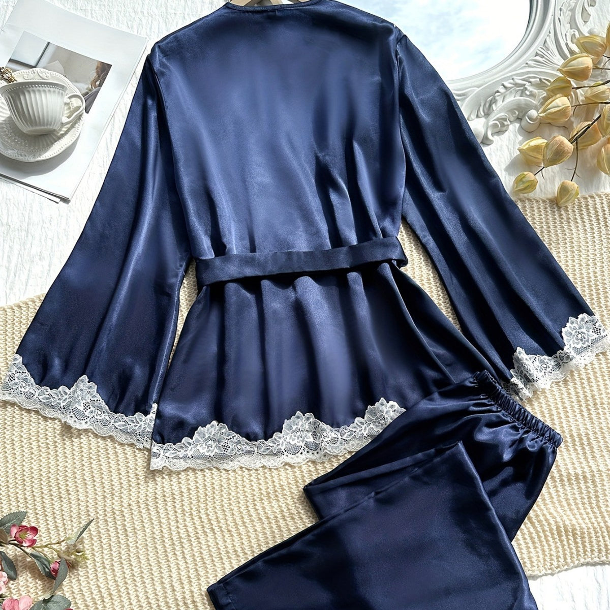 Navy Faux Silk Robe