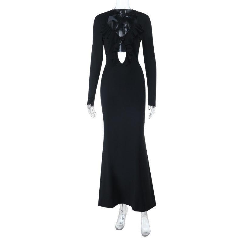 Ruffle Noir V-Neck Dress