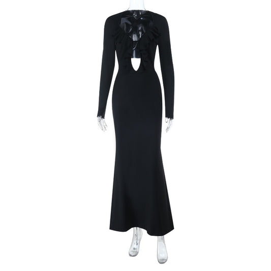 Ruffle Noir V-Neck Dress