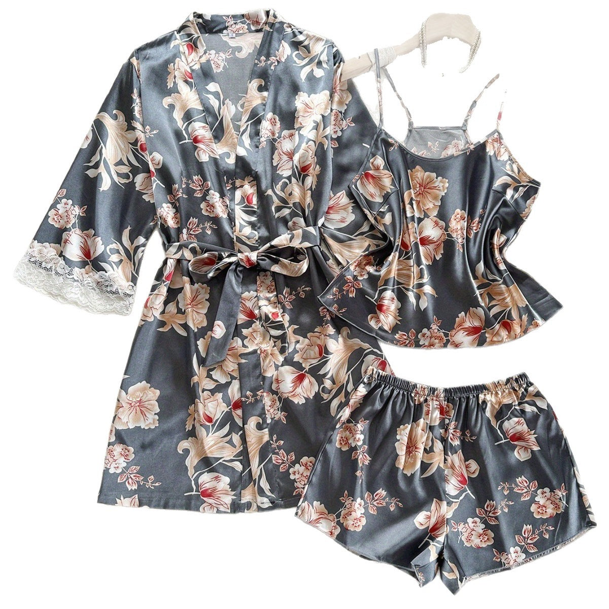 Gray Floral Tie-Up Robe