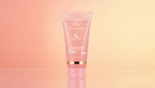 Silk and Soil Collagen Night Wrapping Mask tube, front view showing firming and hydrating ingredient callouts